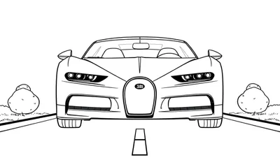Un Bugatti blanco y negro listo para colorear, con líneas gruesas, mostrando su diseño frontal y ruedas.