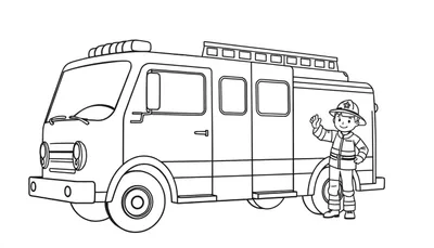 Camión de bomberos amigable y bombero saludando, listo para colorear con la placa de color.
