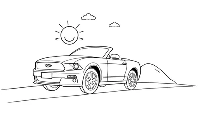 Un coche deportivo convertible Ford Mustang para colorear, con un sol sonriente y nubes.