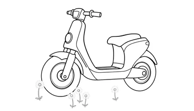 Ilustración en blanco y negro de un patinete moderno con flores de diente de león, listo para colorear con una placa de color.