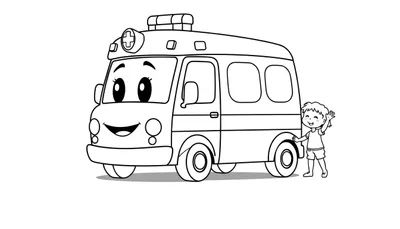 Página para colorear de una simpática ambulancia con un niño sonriente, ambas listas para recibir color. Destaca el diseño de dibujo lineal y los detalles amigables.