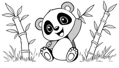 Placa de color de un panda feliz sentado entre bambú.