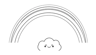 Un arcoíris blanco y negro sonriente sobre una nube, listo para colorear con la placa de color.