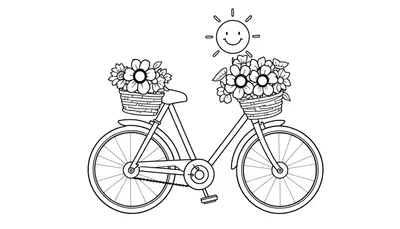 Una bicicleta de placa de color con canastas de flores y un sol sonriente para colorear.