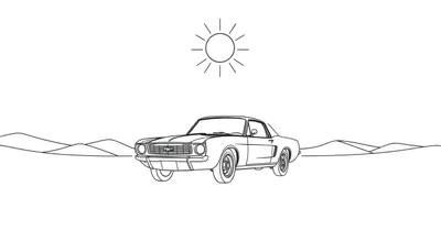 Placa para colorear de un coche clásico estilo Ford Mustang en el desierto.