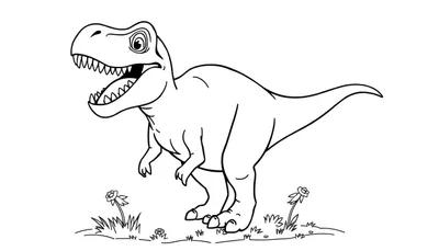 Un dibujo lineal de un T-Rex amigable con la boca abierta, listo para ser coloreado en su placa de color.
