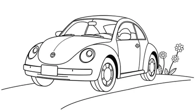 Un coche Volkswagen Escarabajo clásico para colorear con la placa de color. El coche está en una carretera con flores y líneas de carretera simples.