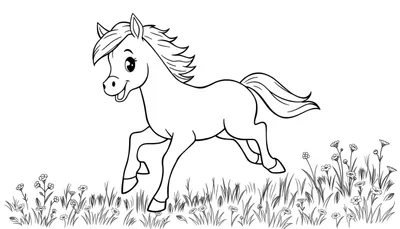 Un potro corriendo feliz en un prado de flores, listo para colorear en esta placa de color.