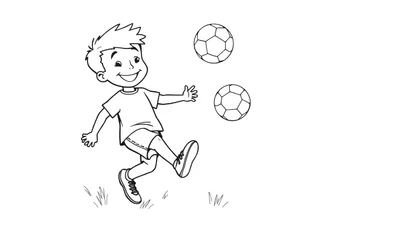 Un niño sonriendo intentando patear una pelota de fútbol, con otra pelota flotando cerca, perfecto para colorear en esta placa de color.