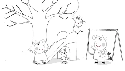 Placa de color de Peppa Pig y George en el parque con un tobogán con forma de zapato y Suzy Sheep en un columpio.