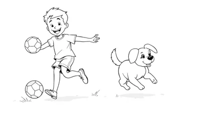 Niño sonriente pateando un balón de fútbol con su perro corriendo a su lado, listo para una placa de color.