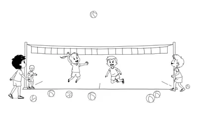 Una placa a blanco y negro muestra a niños jugando voleibol.