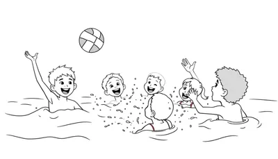 Placa de color en blanco y negro de niños riendo y jugando waterpolo en una piscina soleada.