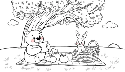 Placa de color para colorear de un oso y un conejo haciendo un picnic.