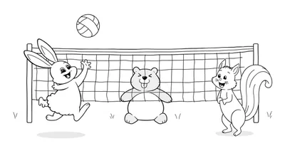 Una placa de color con un dibujo de un conejo, un oso y una ardilla jugando voleibol.