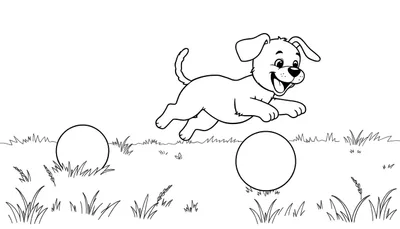 Placa de color de un perro feliz saltando sobre pelotas en un campo de hierba.