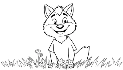 Placa de color de un simpático lobo de dibujos animados sentado en la hierba.