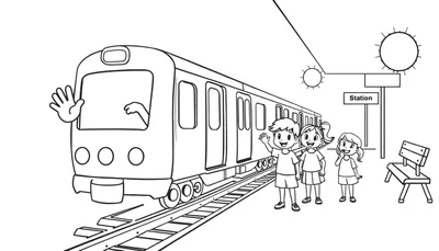 Placa de color de un tren de metro saludando a niños en una estación.