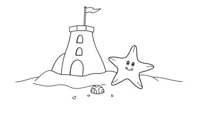 Placa de color de un castillo de arena con bandera y una estrella de mar amigable en la playa.