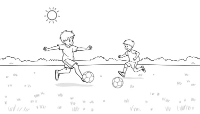 Placa de color de dos niños jugando al fútbol bajo un sol brillante.