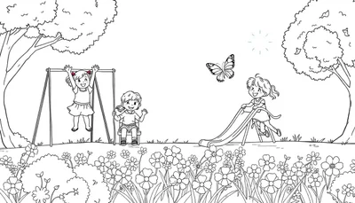 Una placa para colorear de niños jugando en un parque soleado.