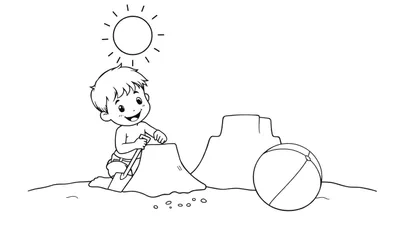 Página para colorear: un niño feliz en la playa creando un castillo de arena bajo el sol, con una pelota cerca.