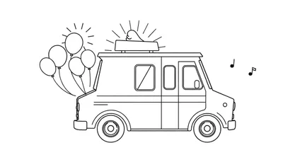 Un camión de helados con forma de helado y globos, listo para colorear con muchos detalles divertidos. Placa de color.