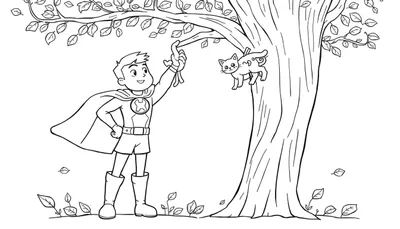 Superhéroe ofreciendo un ovillo de lana a un gatito en un árbol, listo para colorear en esta placa de color.
