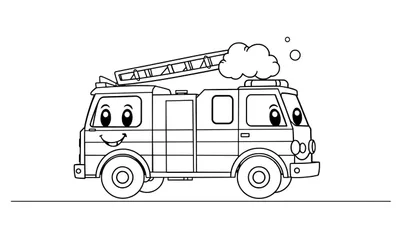 Un camión de bomberos de dibujos animados amigable con ojos grandes y una sonrisa, listo para lanzar espuma. Placa de color.