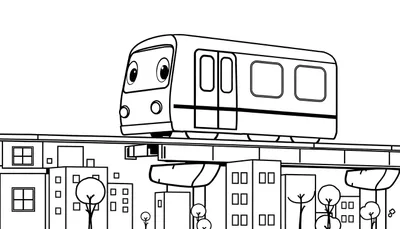 Un alegre tren de metro sonriente con grandes ojos, viajando por una ciudad dibujada a mano, perfecto para una placa de color.