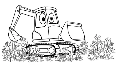 Dibujo lineal en blanco y negro de una excavadora de dibujos animados amigable con ojos grandes, lista para cavar en un campo de flores, diseñado para colorear.