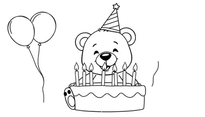 Oso de peluche celebrando con un pastel de cumpleaños, listo para colorear la placa.