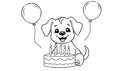 Placa de color de un cachorro feliz celebrando su cumpleaños con cinco velas en un pastel y globos.