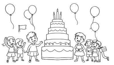 Placa de color de una fiesta de cumpleaños: niños felices alrededor de un pastel de 5 niveles con velas encendidas y globos.