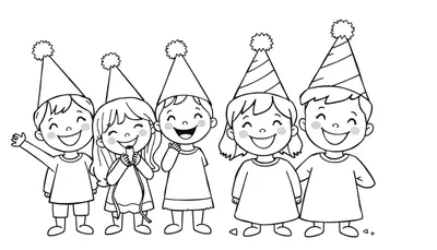 Cinco niños sonrientes con gorros de fiesta para colorear, placa de color.