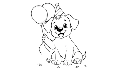 Un cachorro feliz para colorear con un sombrero de fiesta y globos en una placa de color.