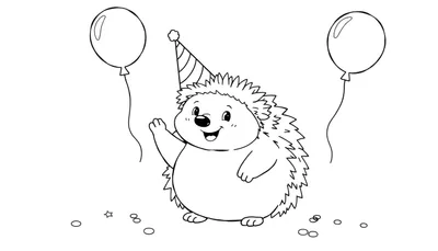 Un erizo de dibujos animados en blanco y negro con un gorro de fiesta a rayas y globos, listo para ser coloreado en una placa de color.