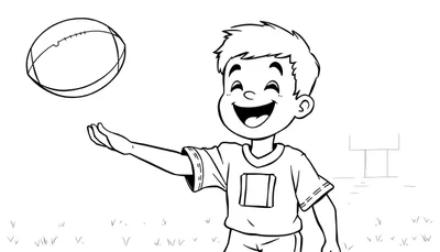 Un niño pequeño listo para atrapar un balón de fútbol americano en un campo, para colorear, placa de color.