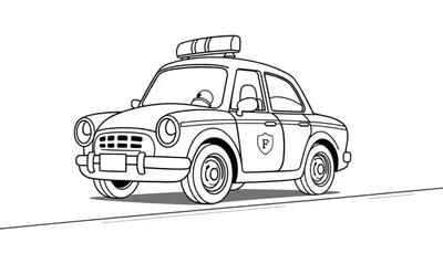 Un coche de policía amigable listo para colorear, con sirenas y luces grandes. Sin colores, solo contornos. ¡Añade tu propia placa de color!