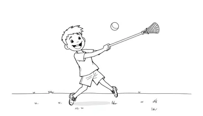 Placa de color: Un niño sonriente con un palo de lacrosse en la mano listo para golpear una pelota flotando en el aire.