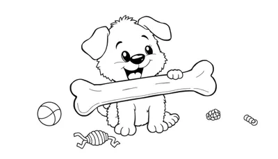 Placa de color de un cachorro feliz con un hueso y juguetes.