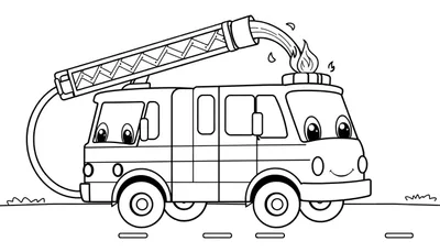 Un camión de bomberos de dibujos animados sonriente listo para pintar, con una manguera lanzando un chorro de color.
