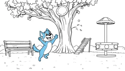 Página para colorear de Bluey y Bingo jugando en el parque, con un perro azul levantando las patas, un árbol con un disco, una corredera y un tiovivo. ¡Una placa de color divertida para todos!