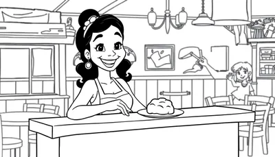 Una niña saluda mientras Tiana sonríe detrás del mostrador de su restaurante, listo para ser coloreado.