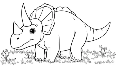 Un lindo triceratops listo para ser coloreado, con tres cuernos y un volante en la placa de color.