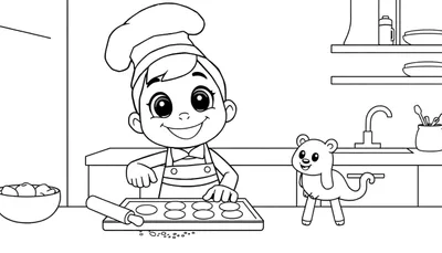 Placa de color para niños: un niño chef y un oso horneando galletas.