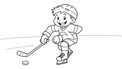 Un niño sonriente jugando al hockey sobre hielo, listo para marcar un gol en una página para colorear de placa de color.