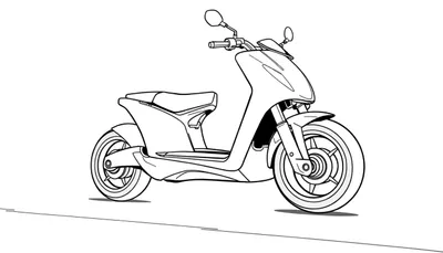 Un patinete blanco y negro con ruedas grandes, listo para colorear.