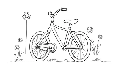 Una bicicleta infantil para colorear, rodeada de flores tipo margarita, con un diseño de línea simple y caricaturesco, sobre un suelo con líneas irregulares. Una invitación a pedalear y añadirle color a esta encantadora placa de color.