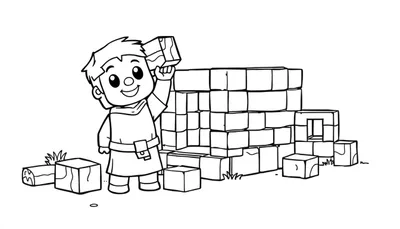Placa de color de un niño sonriente construyendo una casa de bloques.